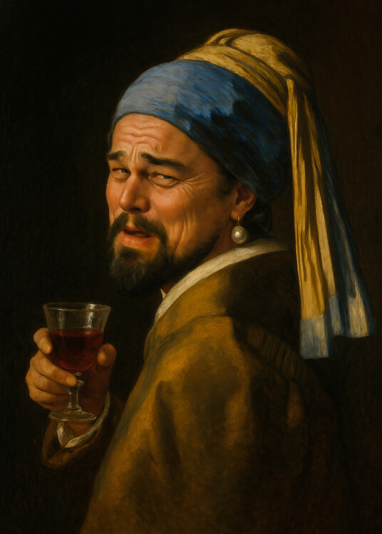 Poster Laughing Leo with a Pearl Earring - Vermeer Art Meme Parody