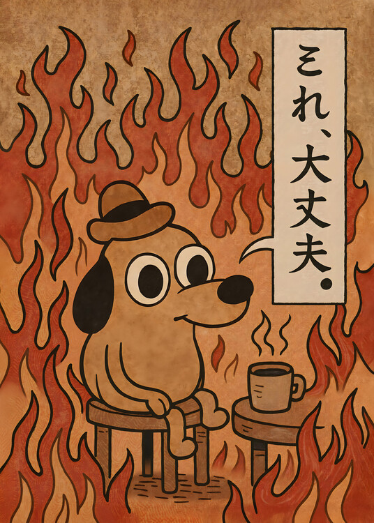 Poster This Is Fine Japanese Dog Meme - Vintage Coffee and Calm Art
