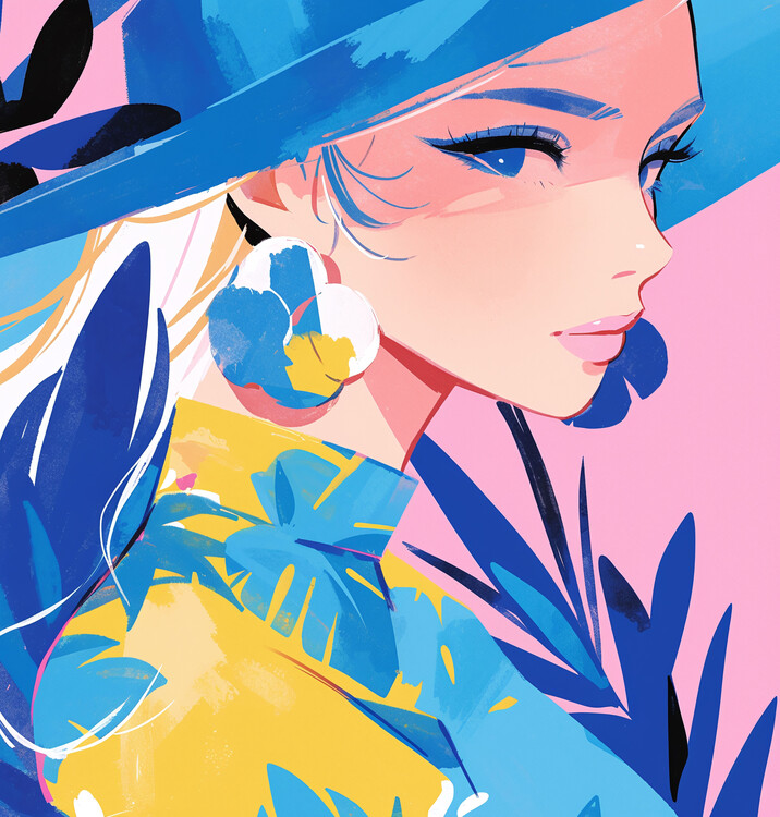 Poster Elegant fashion lady wearing a hat  simplified flat Wall art