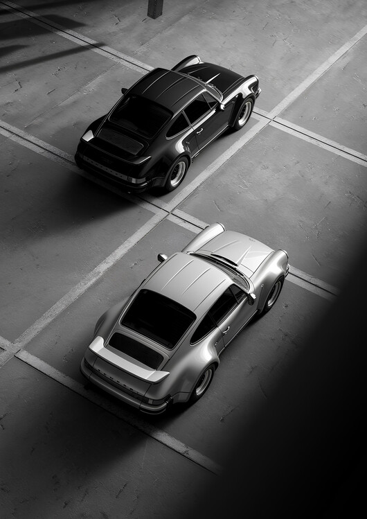 Poster Contrasting Classics: Black and Silver Porsche 911s in Urban