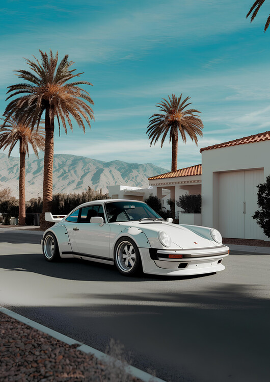 Poster Classic White Porsche 911 Turbo in a Desert Paradise Setting