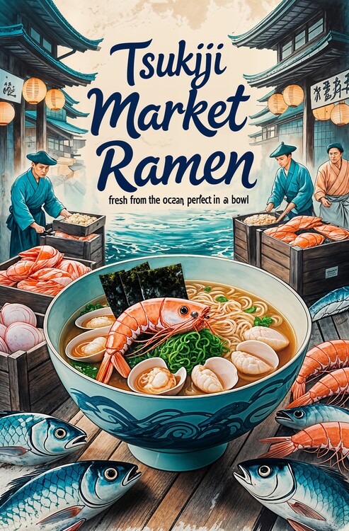 Plakát Tsukiji Market Ramen Poster – Fresh Seafood Noodle Art