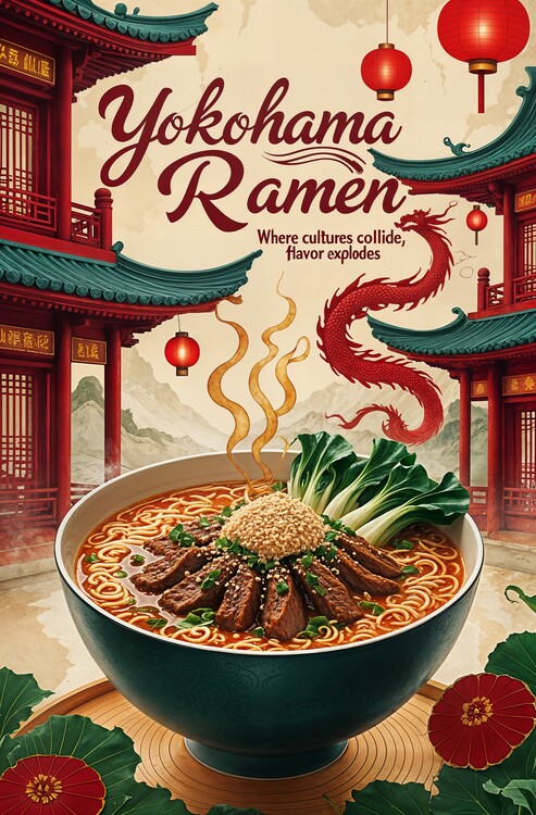 Plakát Yokohama Chinatown Ramen Poster – Fusion Noodle Art