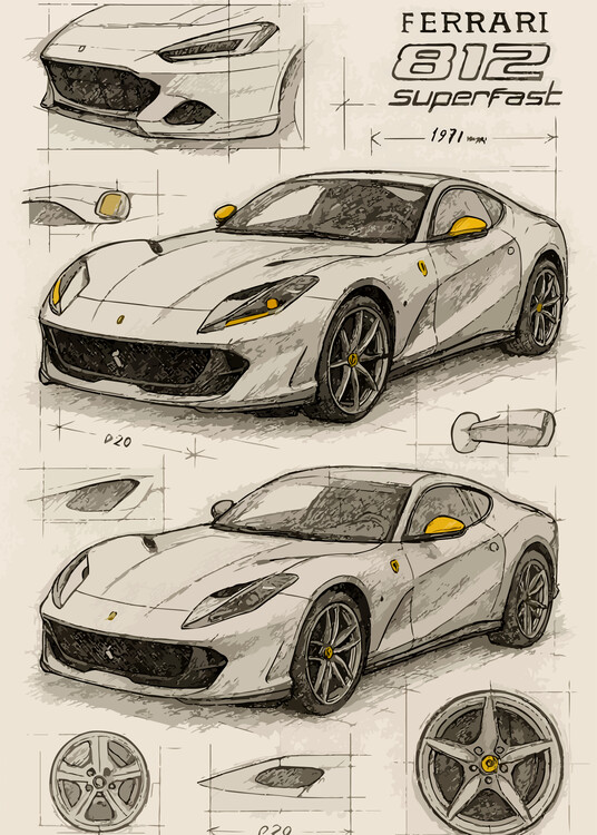 Plakat Pencil sketch of Ferrari 812 Superfast