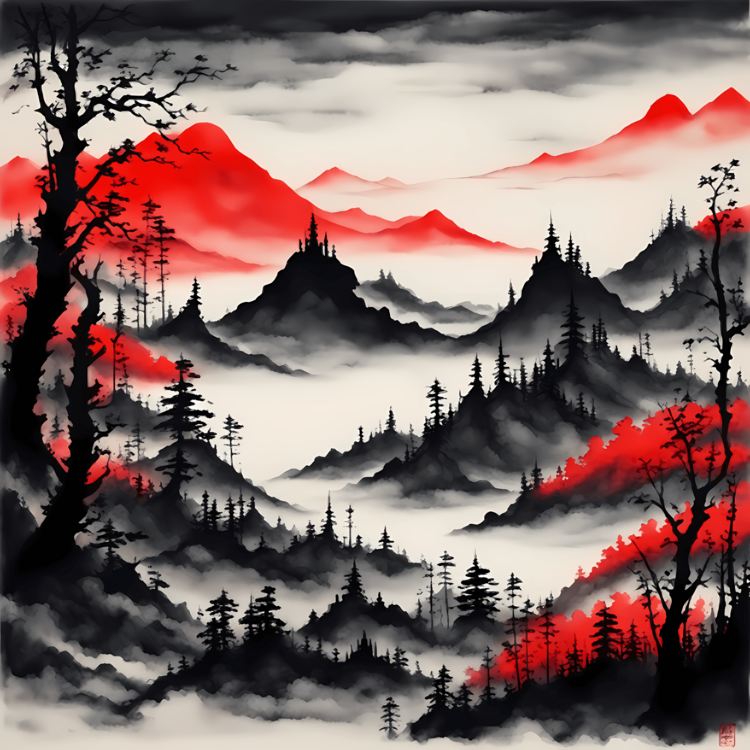 Poster Red, black, white in the landscape