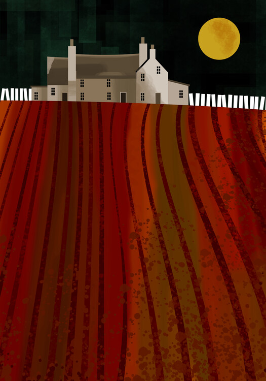 Poster An old farmhouse sits atop a ploughed field as a yellow moon