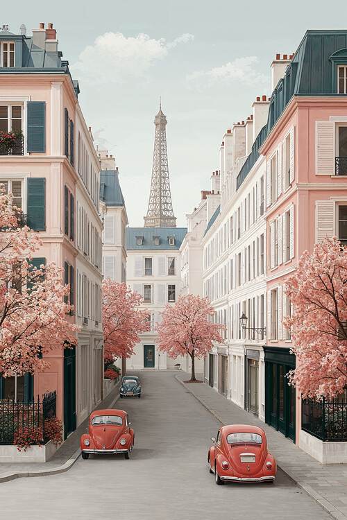 Poster Parisian Spring – Eiffel Tower from a Quiet Street
