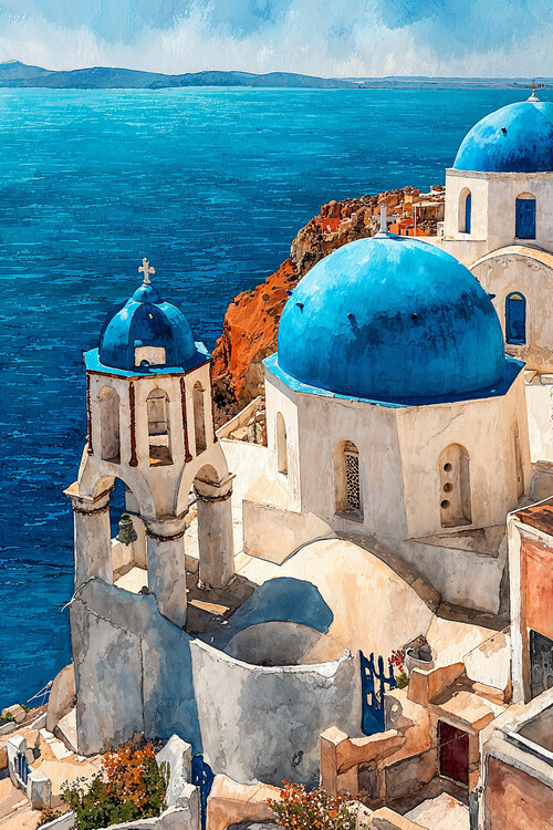 Póster Santorini Serenity – Blue Domes Above the Aegean
