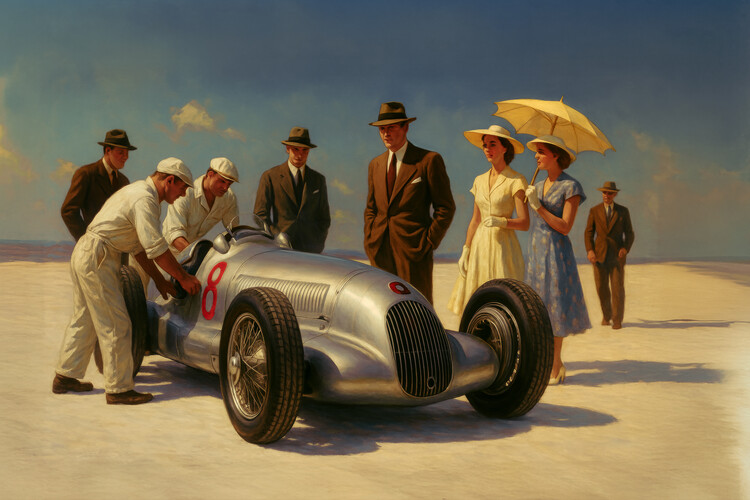 Poster Silver Race car inspired by Jack Vettriano