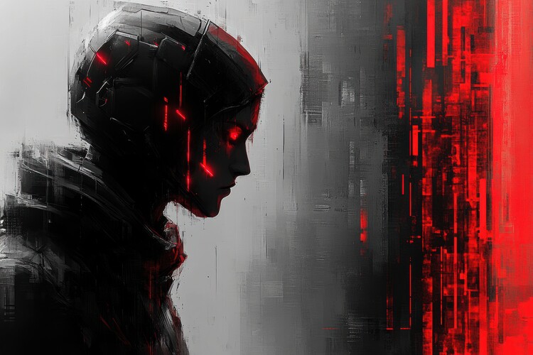 Poster Mysterious Silhouette with Red Eyes in the Fog