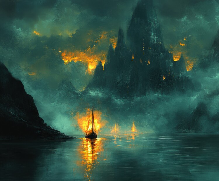 Poster A Boat Ablaze in a Dramatic Fantasy Landscape