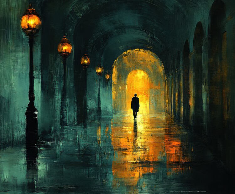 Poster A person walking through a hall with old paintings and antiq