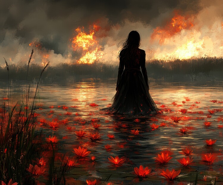Poster A woman standing in a body of water surrounded by lotus flow