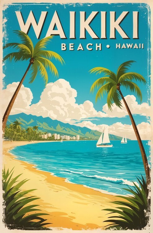 Плакат Vintage Travel Poster: Waikiki Beach Hawaii