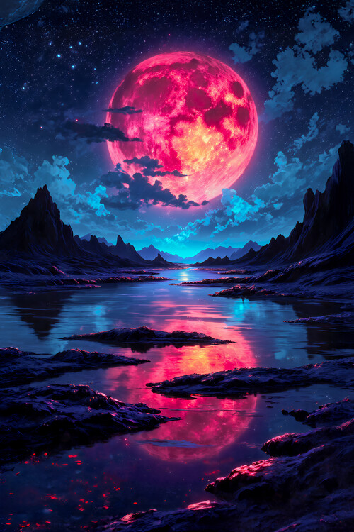 Poster Crimson Moonrise – Surreal Cosmic Nightscape
