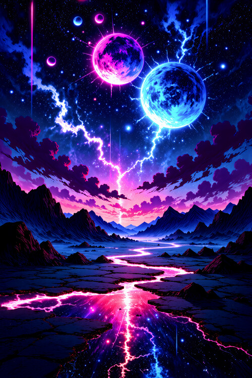 Poster Celestial Collision – Dual Planets & Lightning Space