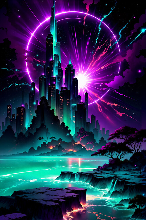 Poster Neon Dream City – Futuristic Cosmic Skyline