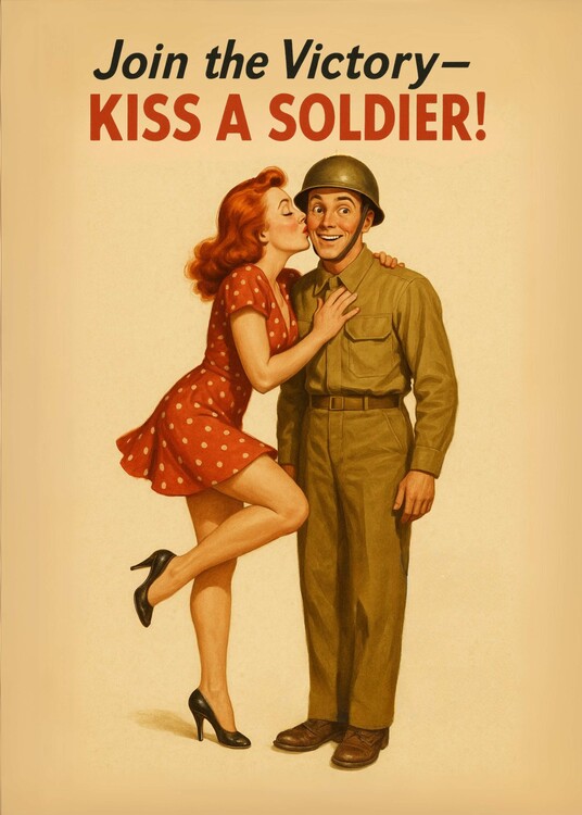 Poster Join the Victory Kiss a Soldier Vintage Pinup Poster Illustr