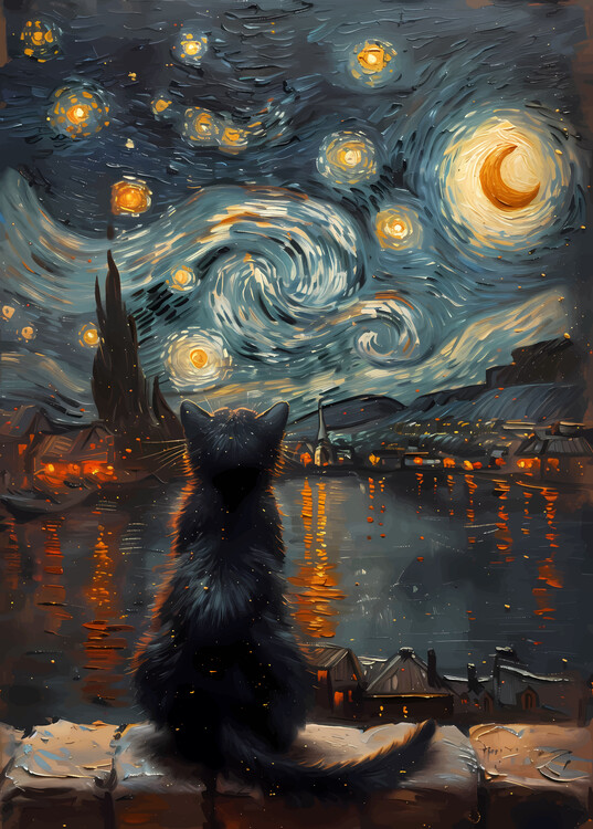 Poster Starry Night And Cat
