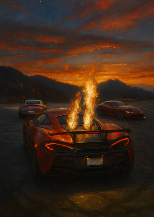 Plakát McLaren Fire Flames Mountain Sunset  Art Painting