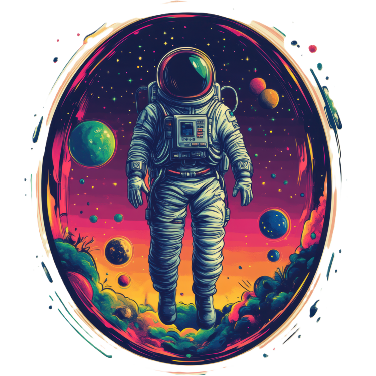 T-shirt Astronaut Floating in a Colorful Cosmic Landscape with Plane