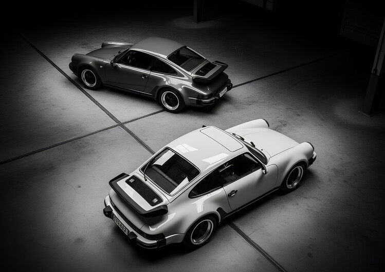 Poster Porsche 911 Turbo Pair in Garage - Monochrome Classic Cars