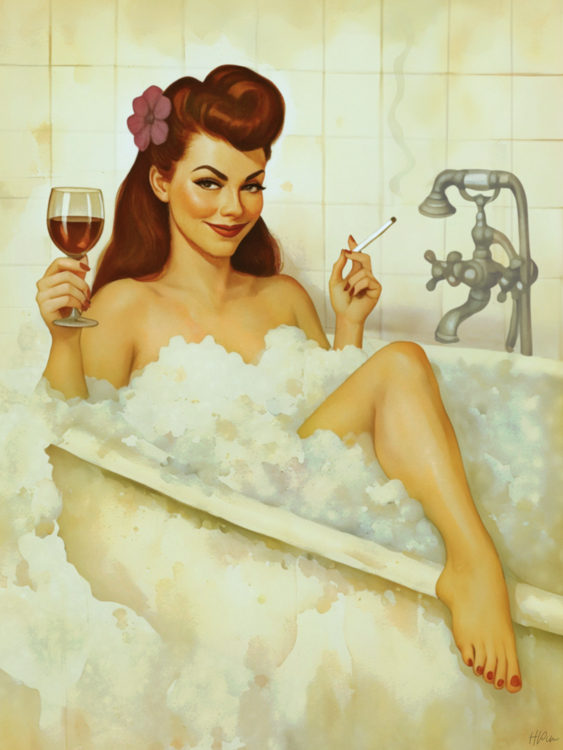 Poster Vintage Pin up Girl in Bubble Bath with Wine and Cigarette