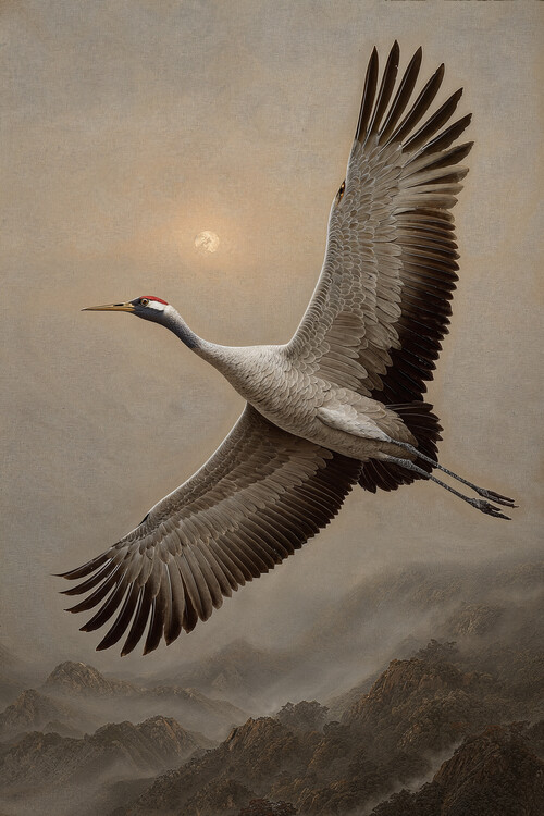 Poster Soaring Crane at Dusk