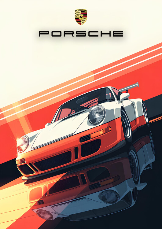 Plakát Porsche 911 Orange and White Retro Art Print