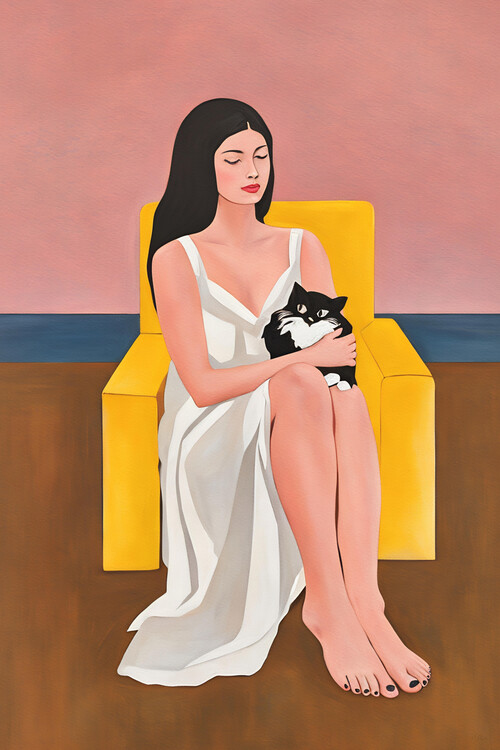 Poster Minimalist Woman with Cat in Yellow Chair, Modern Figurative