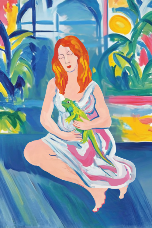 Poster Woman with Iguana, Bold Tropical Nature-Inspired Portrait Pr