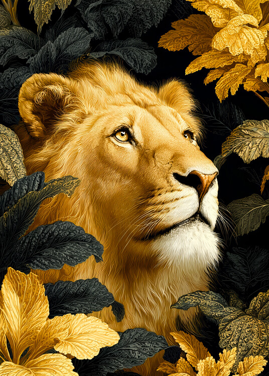Плакат Lion in golden leaves