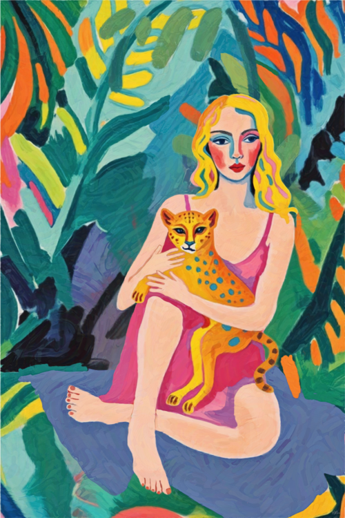 Poster Colorful Pop Art Woman with Cheetah in Jungle, Vibrant Moder