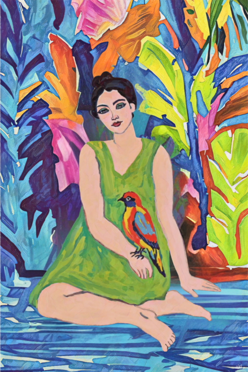 Poster Woman in Green Dress with Bird, Vibrant Figurative Tropical