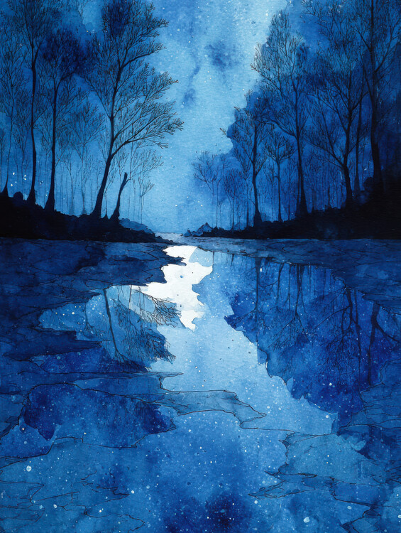 Plakat Night Reflections in Blue Watercolour
