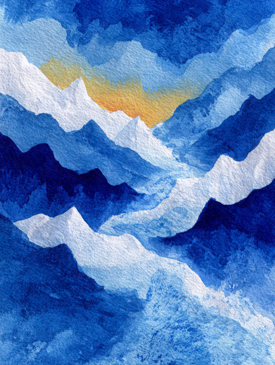Plakat Snowy Mountains Watercolour Blue and Yellow