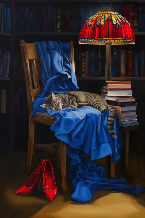 Plakat Blue Dress and Red Shoes in the Library with the Cat