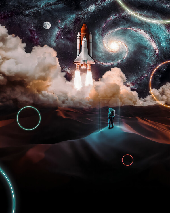 Плакат Astronaut in desert and rocket launching