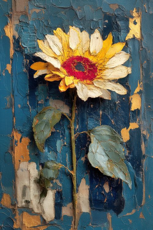 Plakat Single Sunflower – Rustic Farmhouse Style Oil Painting