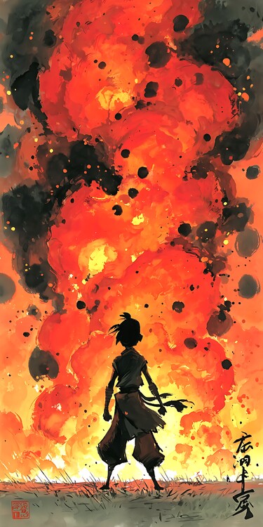 Плакат Ninja Z Manga behind Fire Explosion
