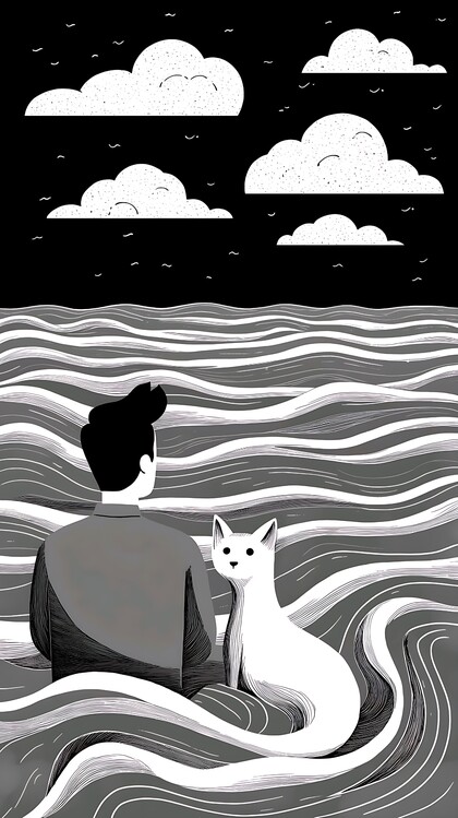 Плакат The love of a pet white cat front the sea
