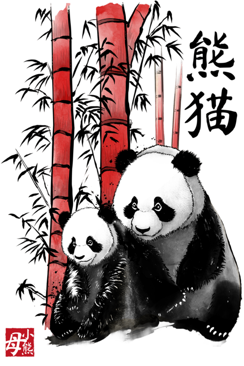 T-shirt Panda and cub sumi e
