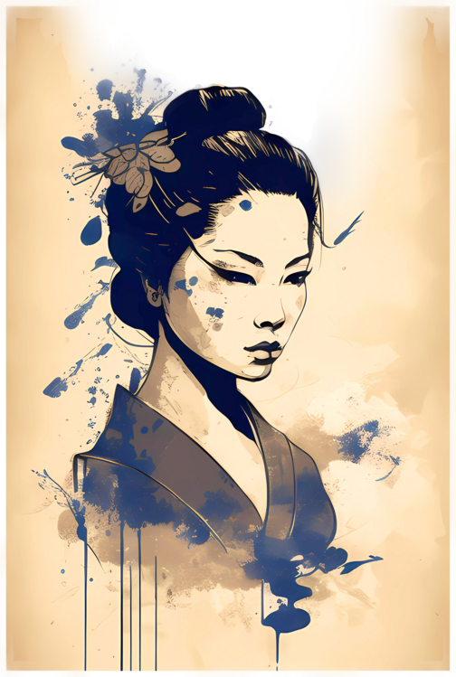 Μπλουζάκι Japanese Geisha : Serenity and grace on blue black Ink