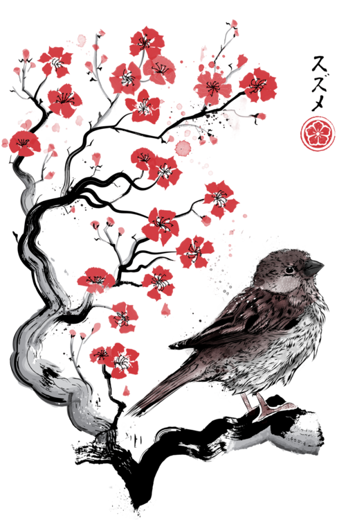 T-shirt Little Sparrow sumi-e