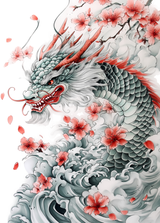 Tričko Intricate dragon amidst waves and cherry blossoms