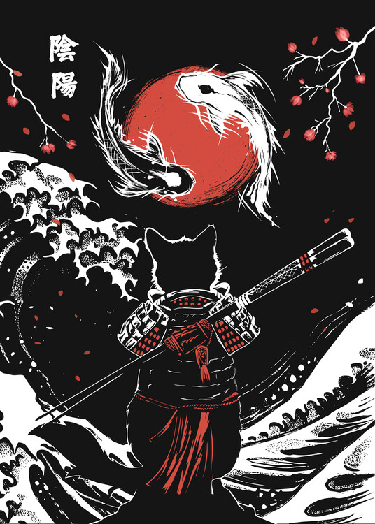 Poster Samurai Cat and Koi Fish