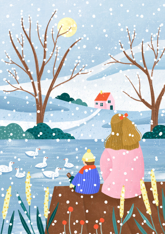 Levně Plakát, Obraz - Mother and Child At Winter Lake, Bea Muller, 30 × 40 cm