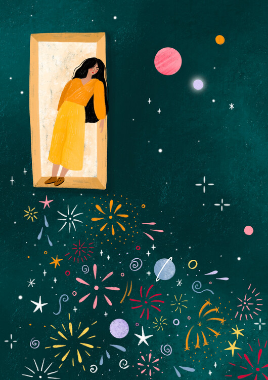 Levně Plakát, Obraz - Yellow Dress Leans From A Window, Bea Muller, 30 × 40 cm