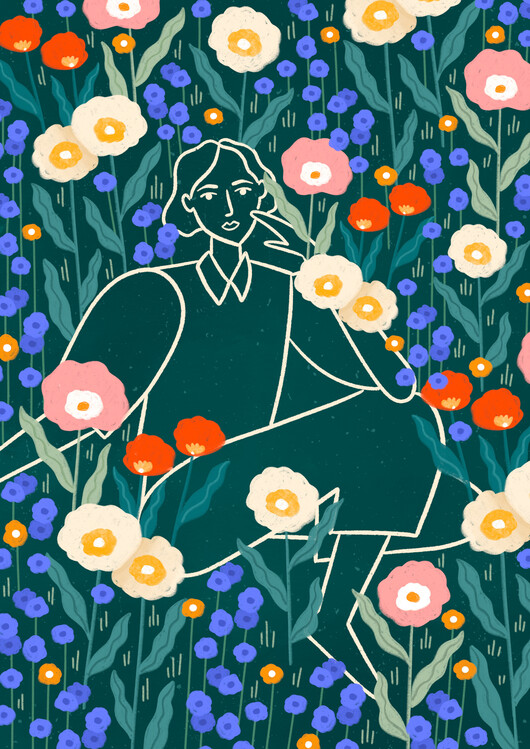 Levně Plakát, Obraz - Line Lady With Florals, Bea Muller, 30 × 40 cm