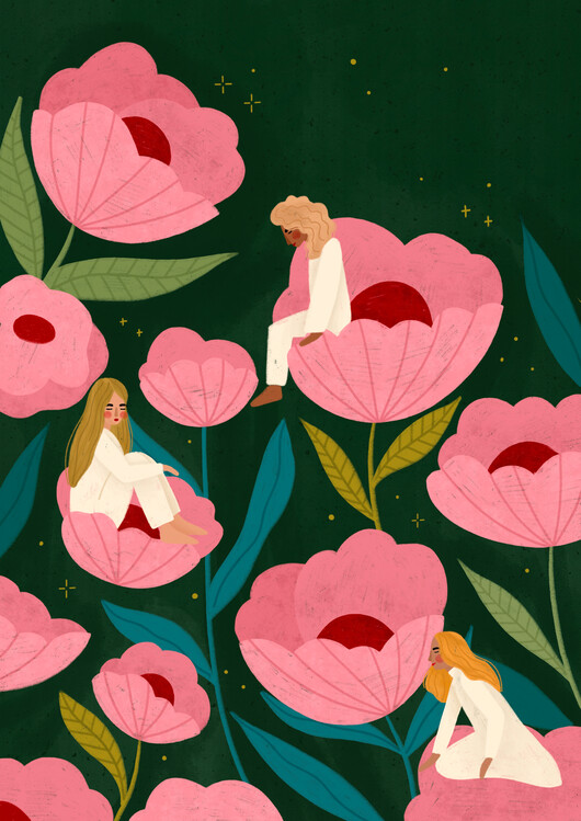 Slika na platnu Three Women Sitting on Large Pink Flowers